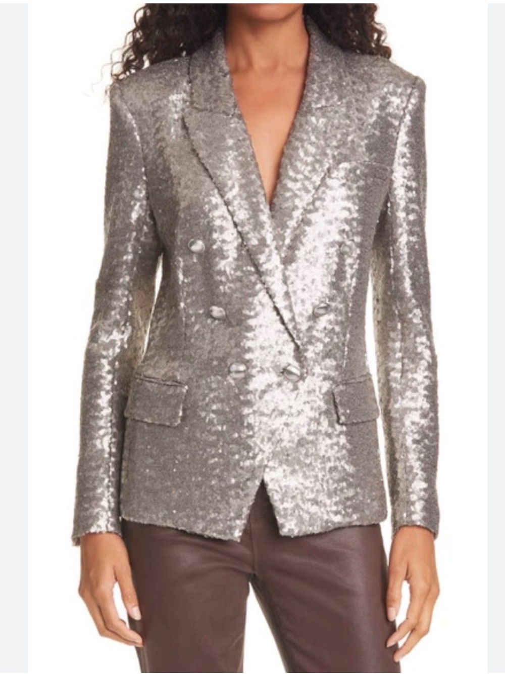 L'Agence Kenzie Silver Sequin Double Breasted Blazer